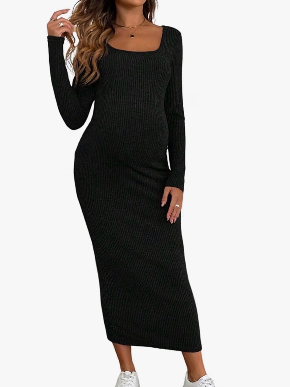 Black Long Sleeve Ribbed Maternity Maxi Dress